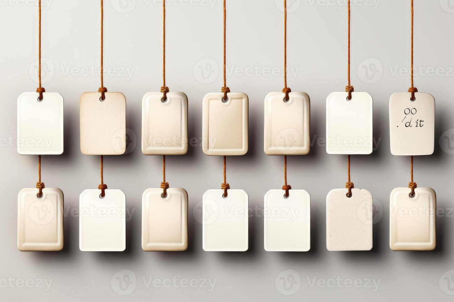 White tags hanging on strings on a wall photo