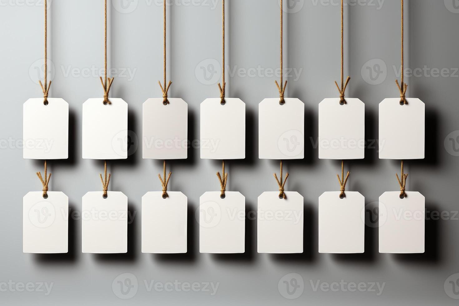 White blank tags hanging on string on gray background photo