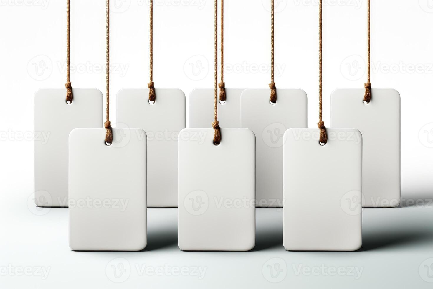 Six blank tags hanging on strings on a white background photo