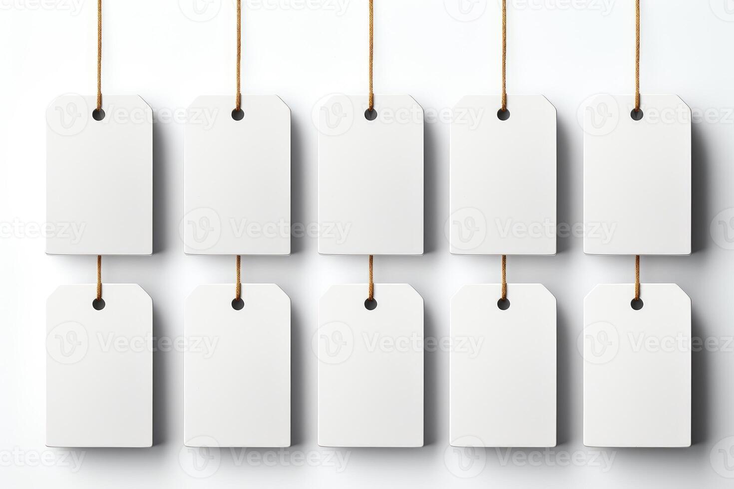 Blank white tags hanging on string on white background photo