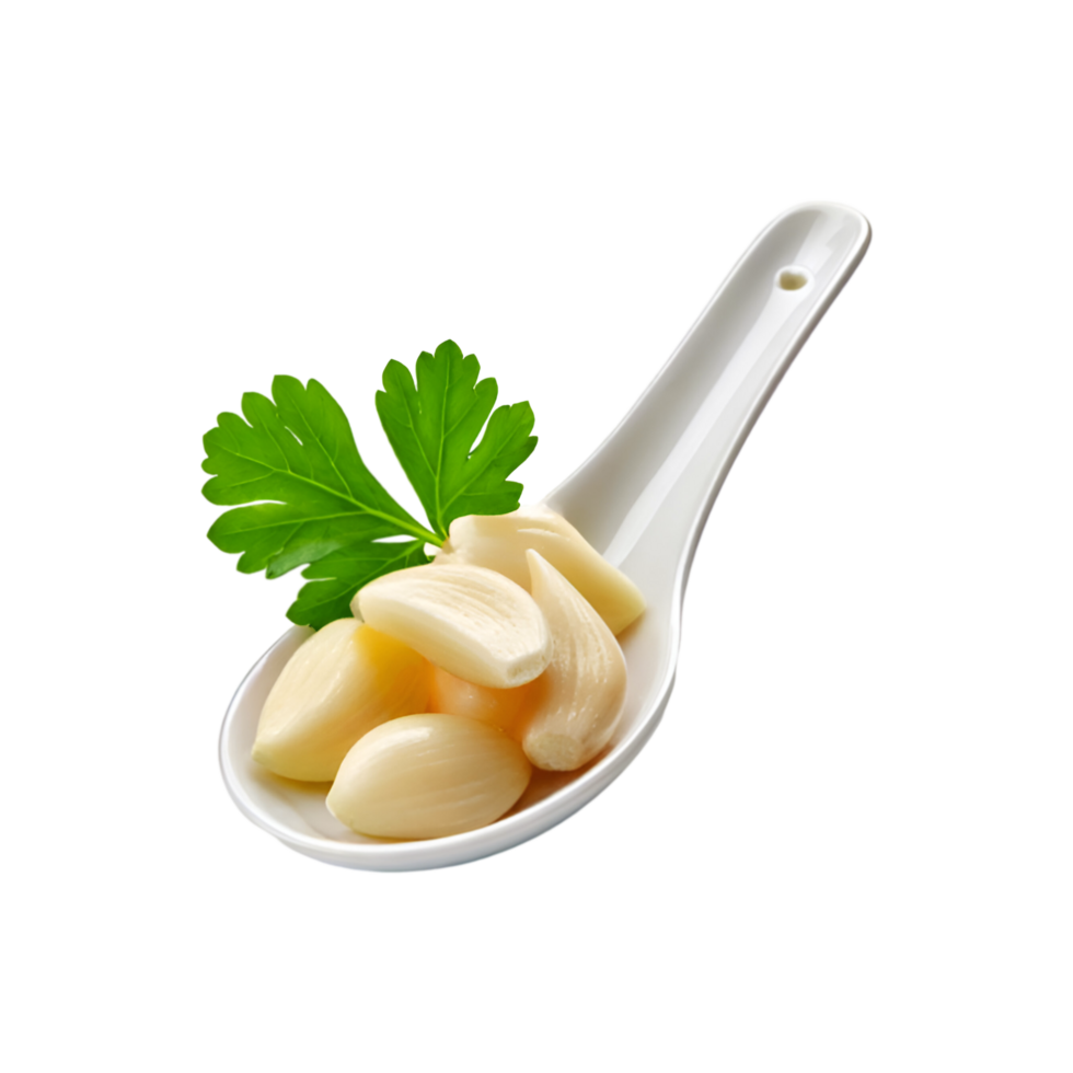 Spoon of peeled garlic on transparent background png