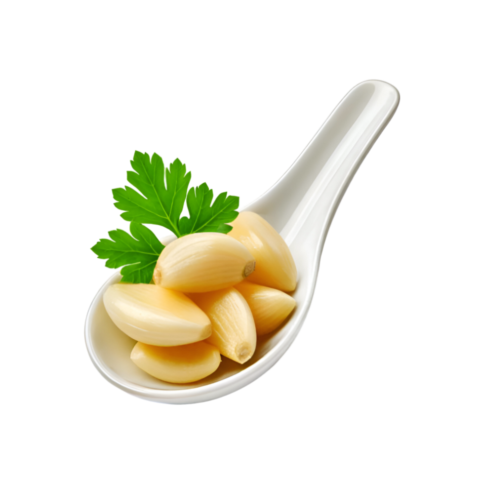 Spoon of peeled garlic with coriander leaf on transparent background png