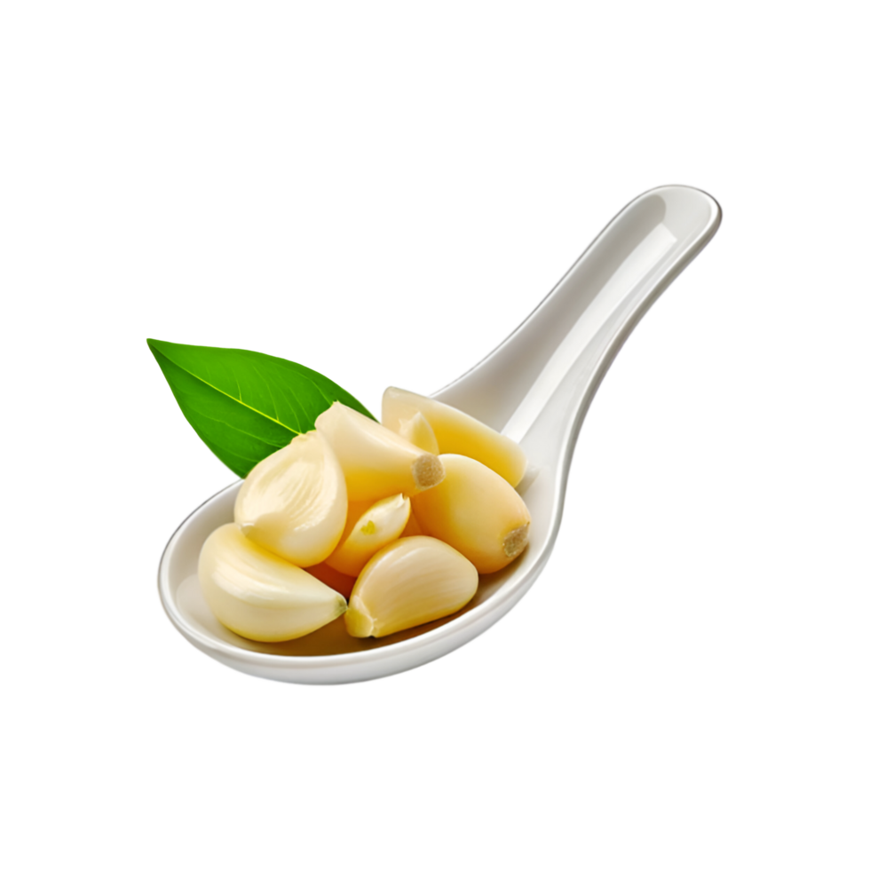 Spoon of peeled garlic with leaf on transparent background png