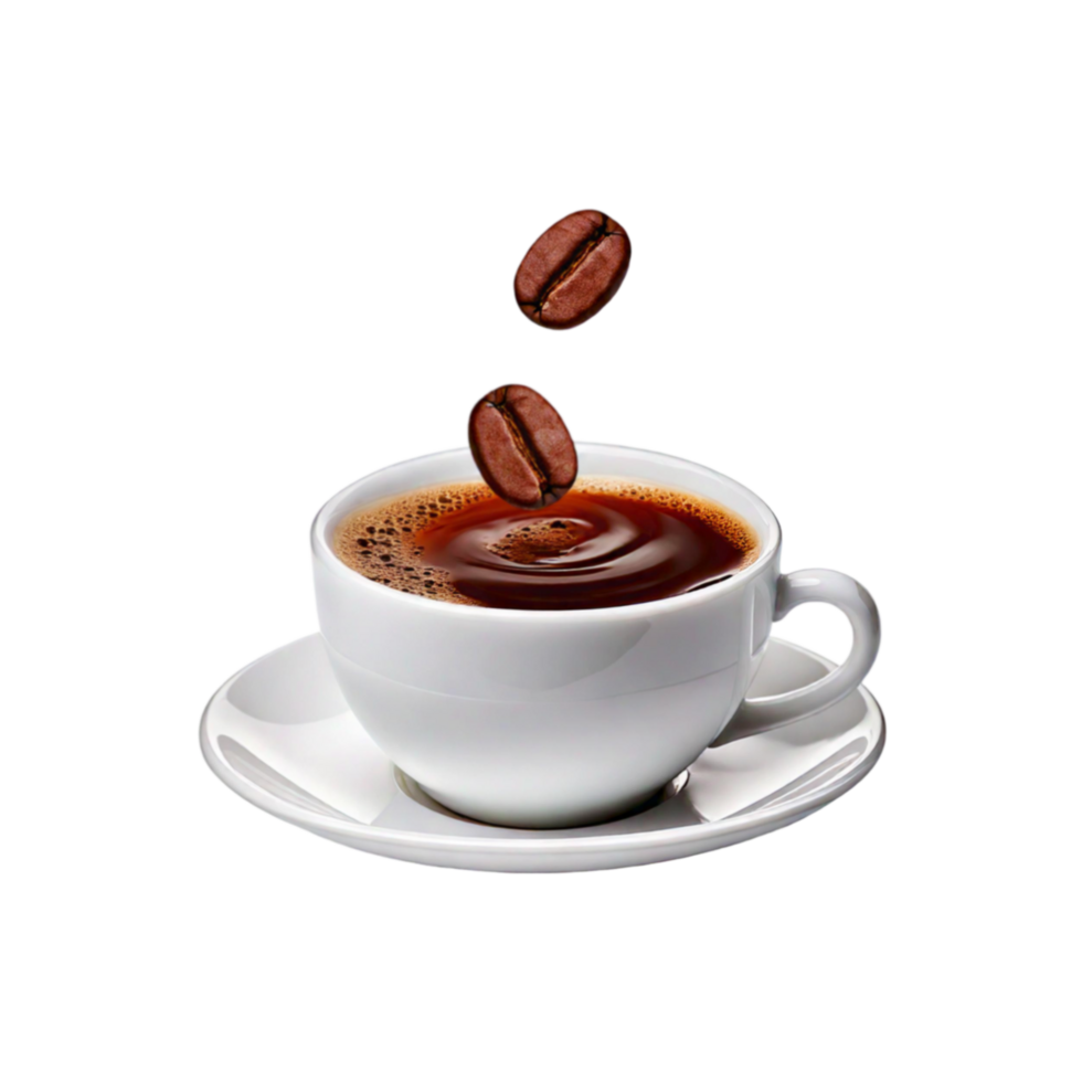 White ceramic cup and plate of coffee with coffee seed on transparent background png