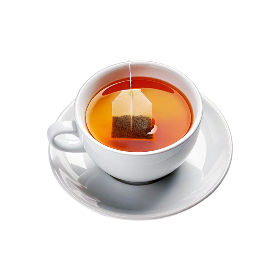 Ceramic white cup and plate of tea with tea bag on transparent background png