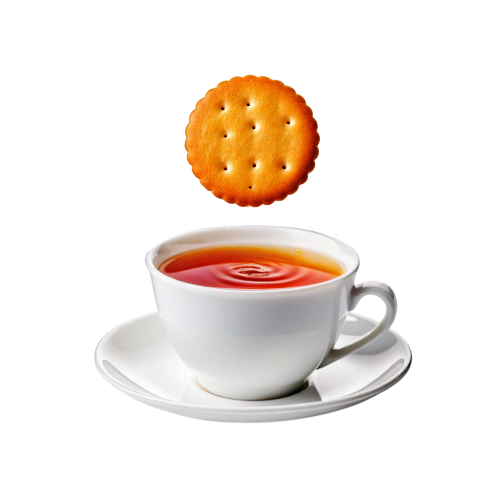 White cup and plate of tea with falling salted biscuit on transparent background png