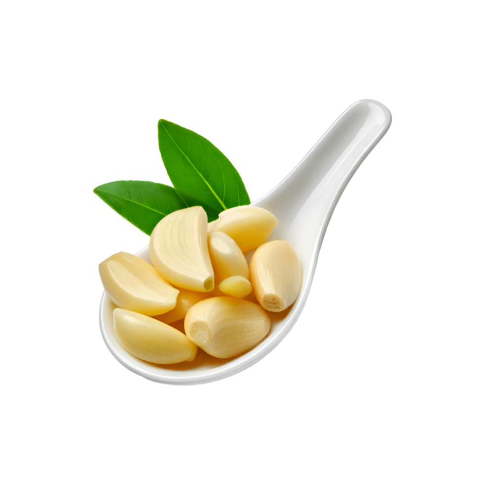 White spoon of peeled garlic with leaf on transparent background png