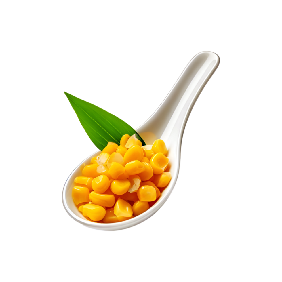 White ceramic spoon of corn seed with leaf on transparent background png