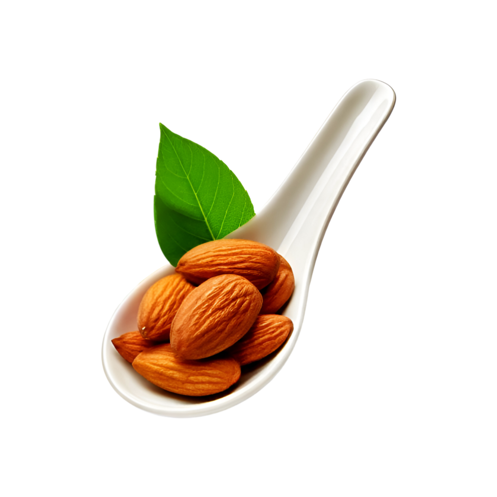 Ceramic spoon of peeled almond nut with green leaf on transparent background png