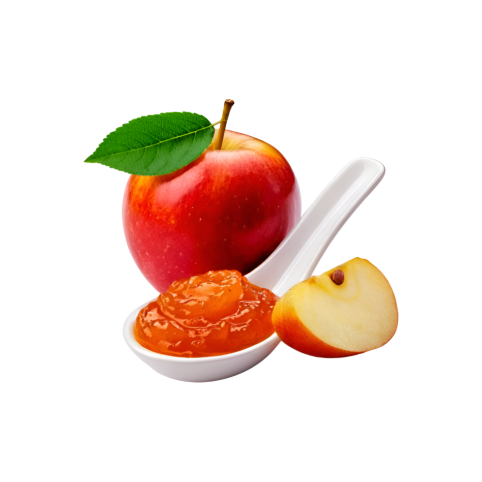 Ceramic spoon of apple jam with slice on transparent background png