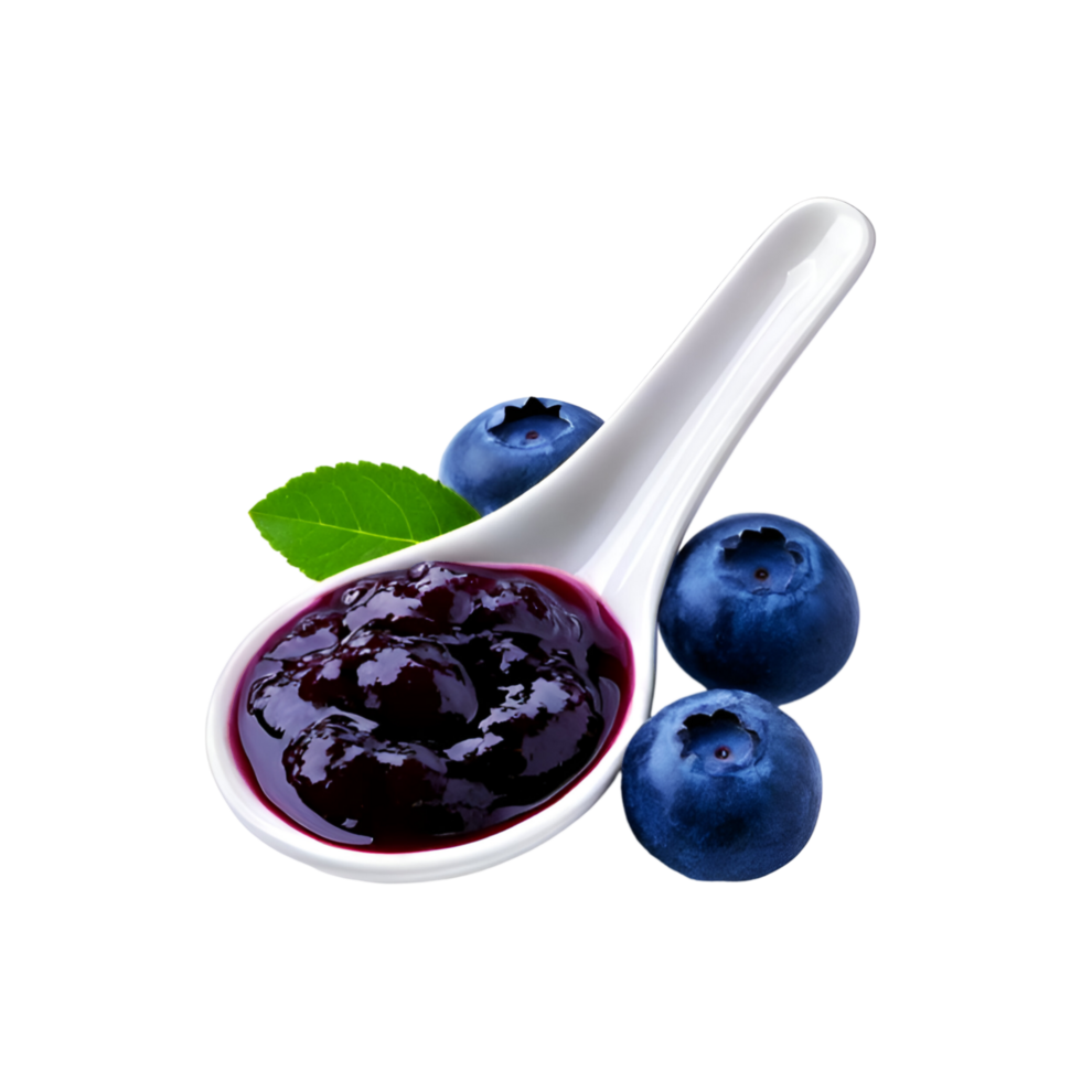 Spoon of ripe blueberry fruit jam with leaf on transparent background png