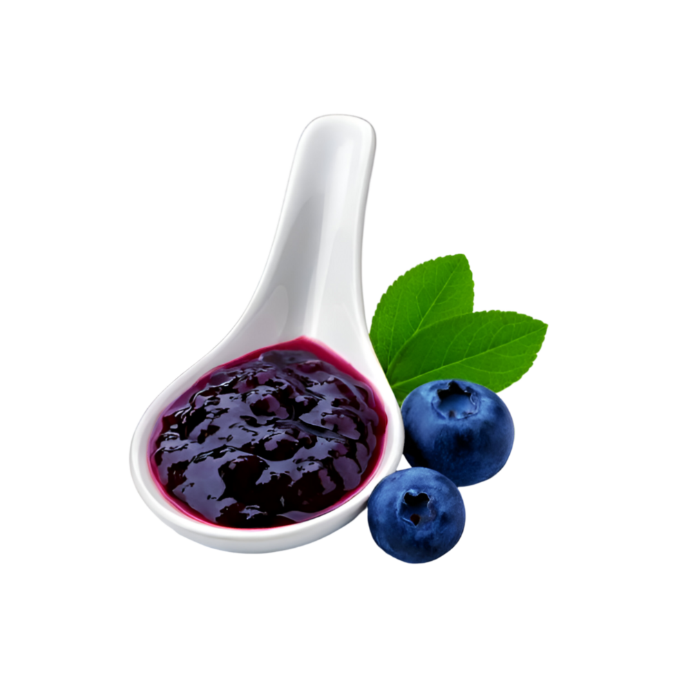 Spoon of ripe blueberry fruit jam on transparent background png