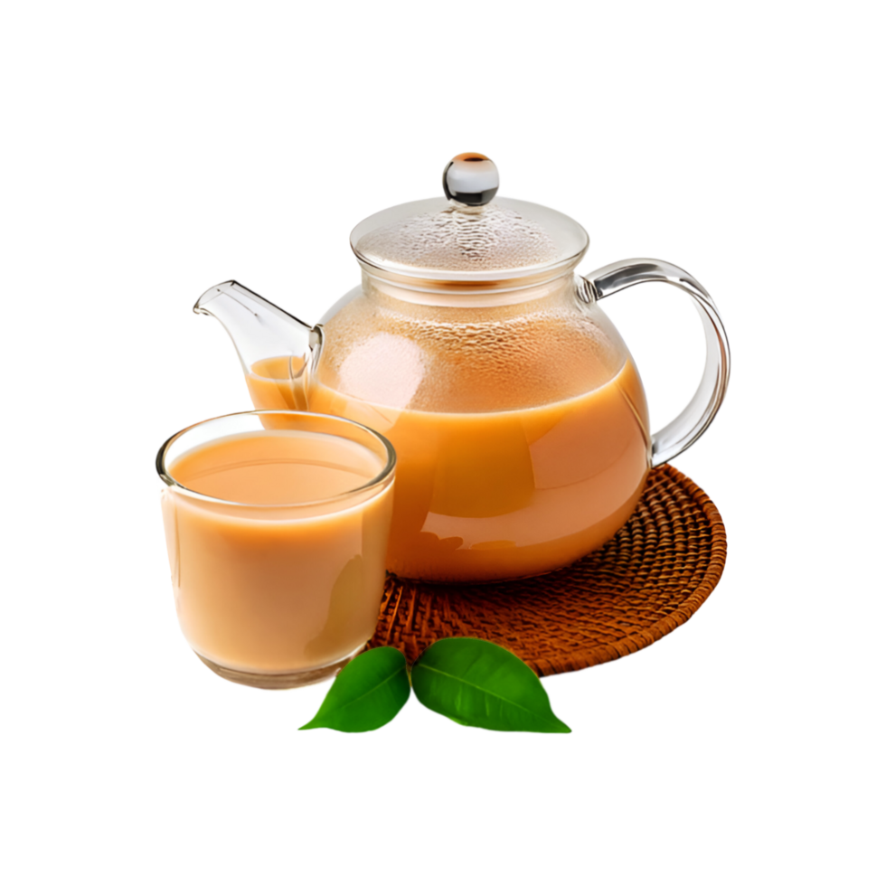 Glass milk teapot with tea cup on transparent background png