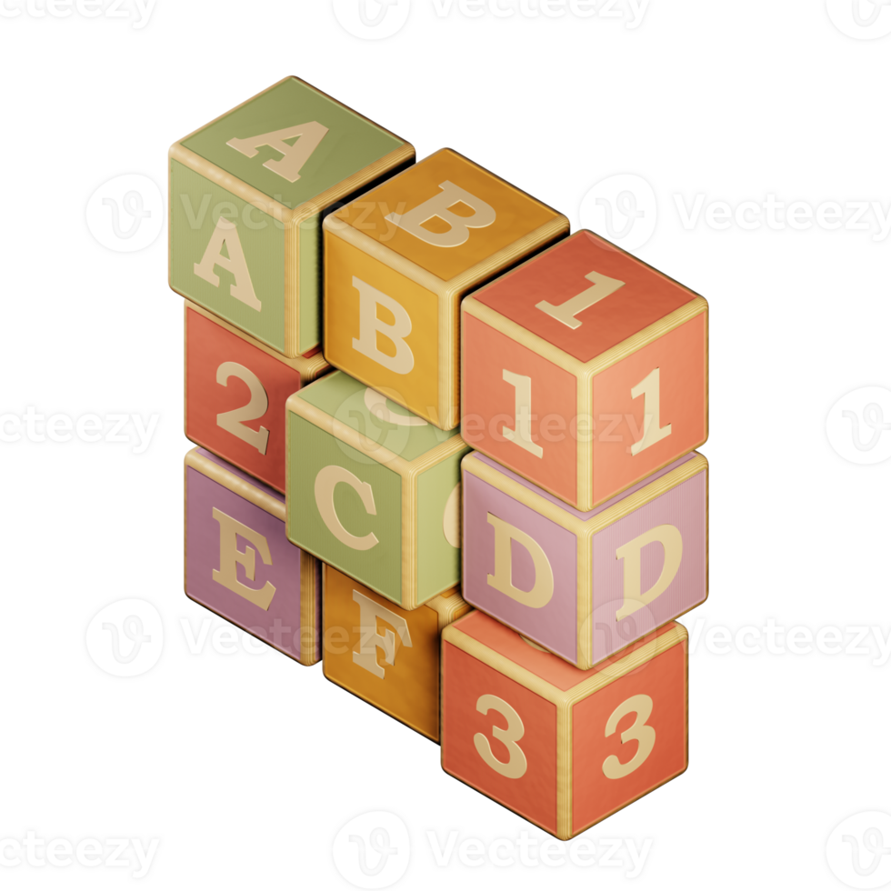 3D cubes. Multicolored wooden children's toys in the form of squares on an isolated background depicting letters and numbers. Elements of game and learning. png