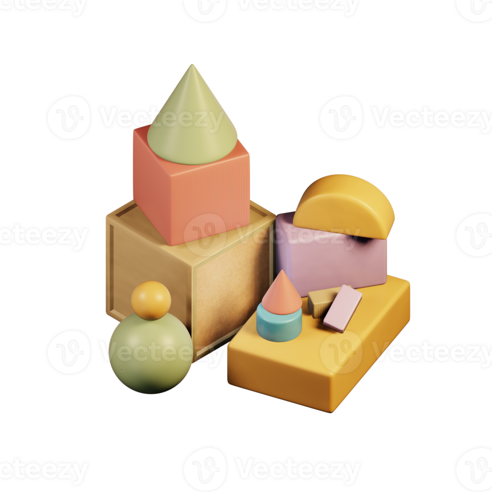 Colorful wooden building building play blocks. 3D illustrations for children's play blocks on isolated background. png