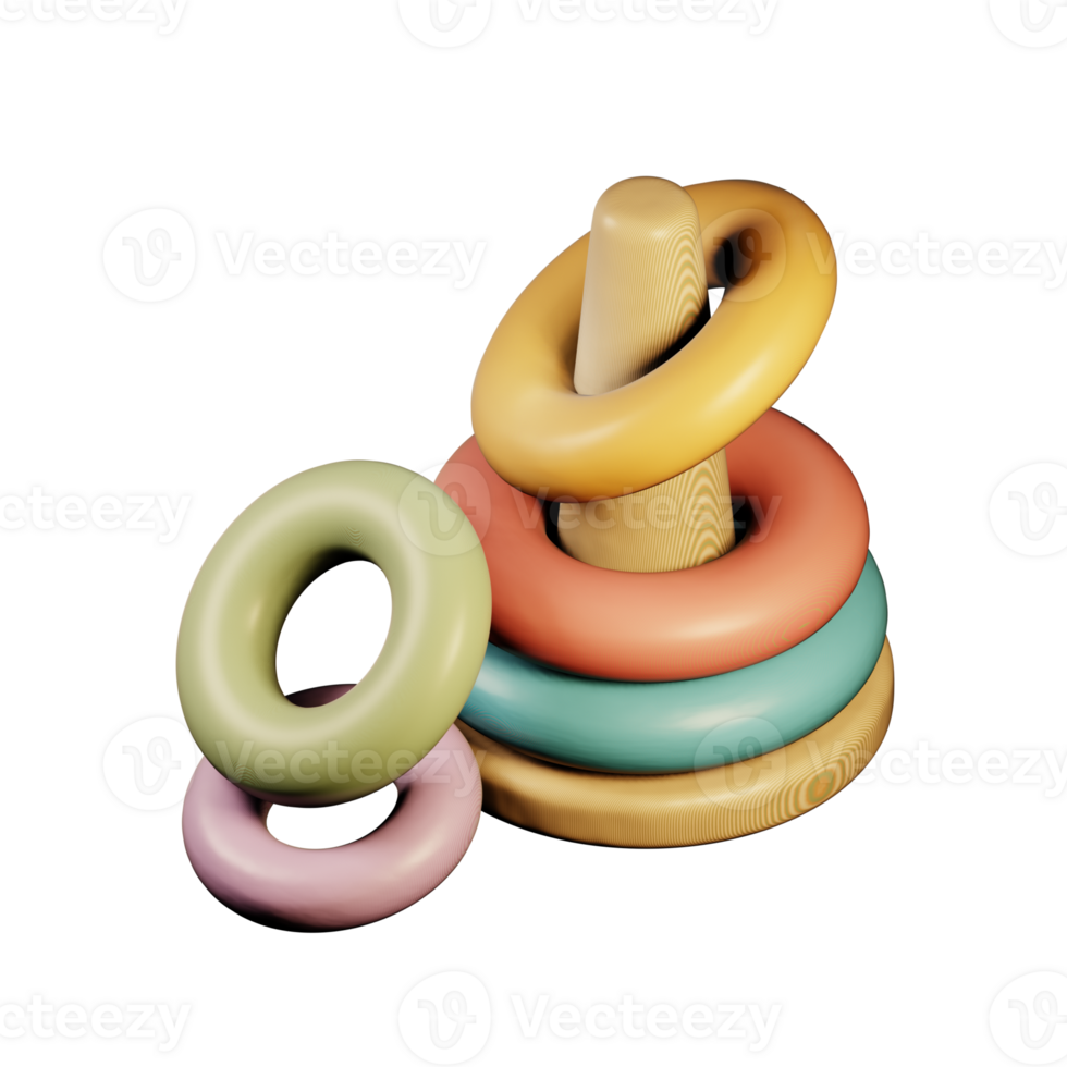 3d Wooden pyramid in disassembled form , children's toy made of colorful rings. 3d rendering on isolated background png