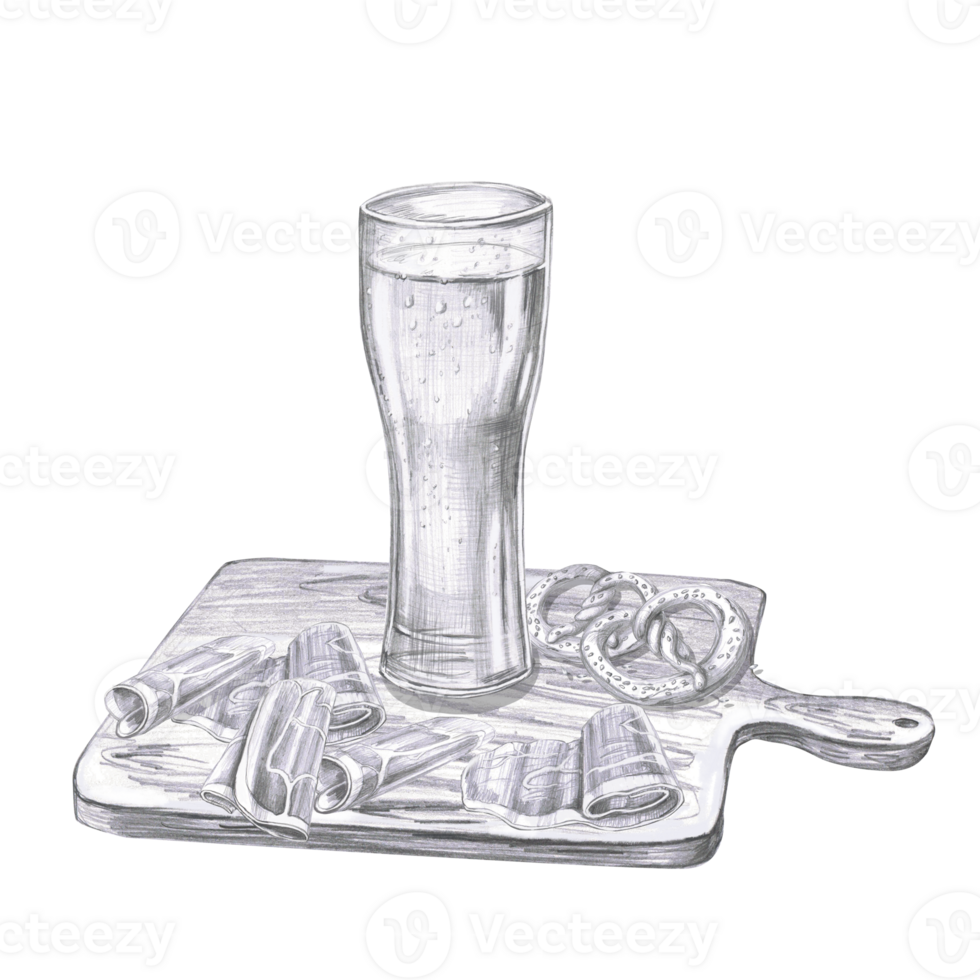 Tall glass of foamy beer on a wooden board with bacon rolls and pretzels. Isolated pencil illustration for pub design, menus, cookbooks, signs. png