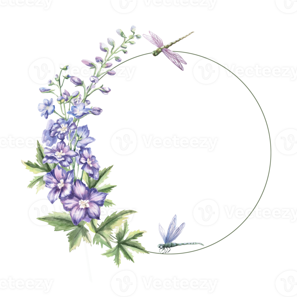 Round frame with delphinium flowers and dragonflies. Isolated watercolor illustration of garden flowers for cosmetic product design, poster printing, clothing. png