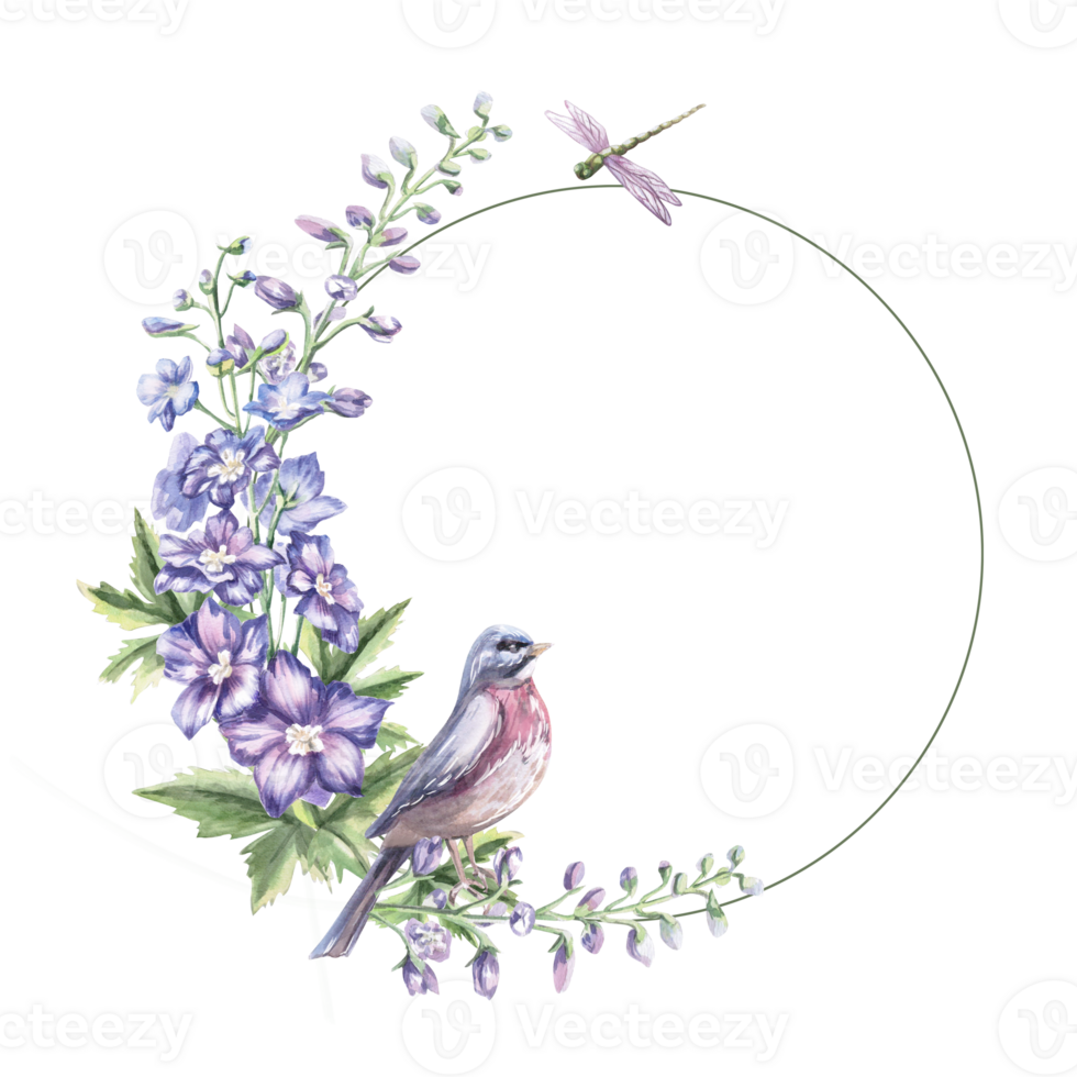Round frame with delphinium flowers, bird and dragonflies. Isolated watercolor illustration of garden flowers for design of cosmetic products, printing on posters, clothes. png