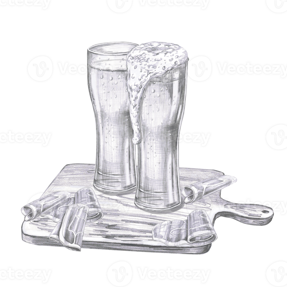 Two tall glasses of foamy beer on a wooden board with bacon rolls. Isolated pencil illustration for pub design, menus, cookbooks, signs png