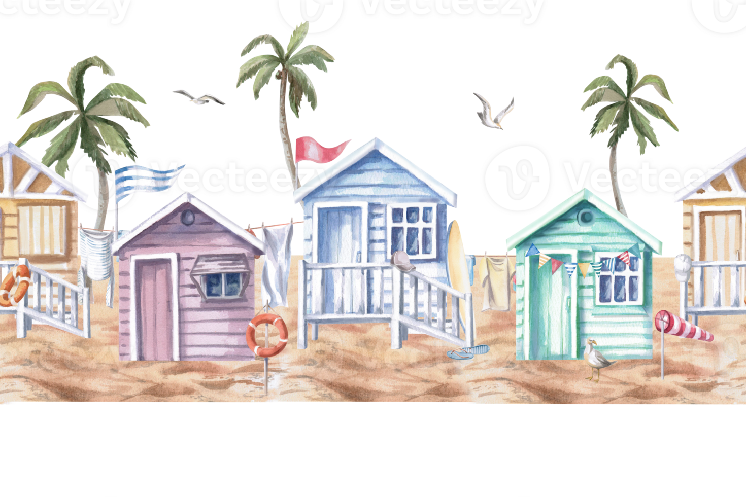 Seamless border with beach houses on sand and palm trees. Isolated watercolor illustration on holiday theme for seaside restaurant design, menu, fabric print and posters png