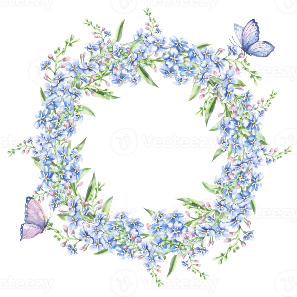 Round frame with forget-me-not flowers and butterflies. Isolated watercolor illustration of garden flowers for design of cosmetic products, printing on posters, clothes png