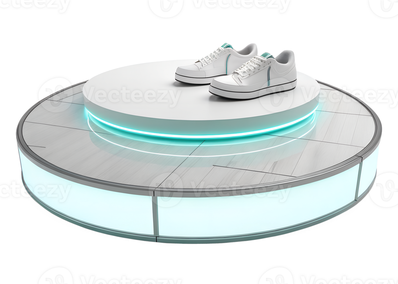 A circular platform made from frosted acrylic with built-in LED backlighting that gives off a soft glow, set in a modern, tech-inspired environment., isolated on a transparent background png