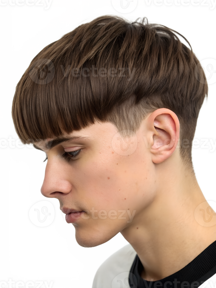 Close-up portrait showing a young man's Bob cut with bang hairstyle, isolated on a transparent background png