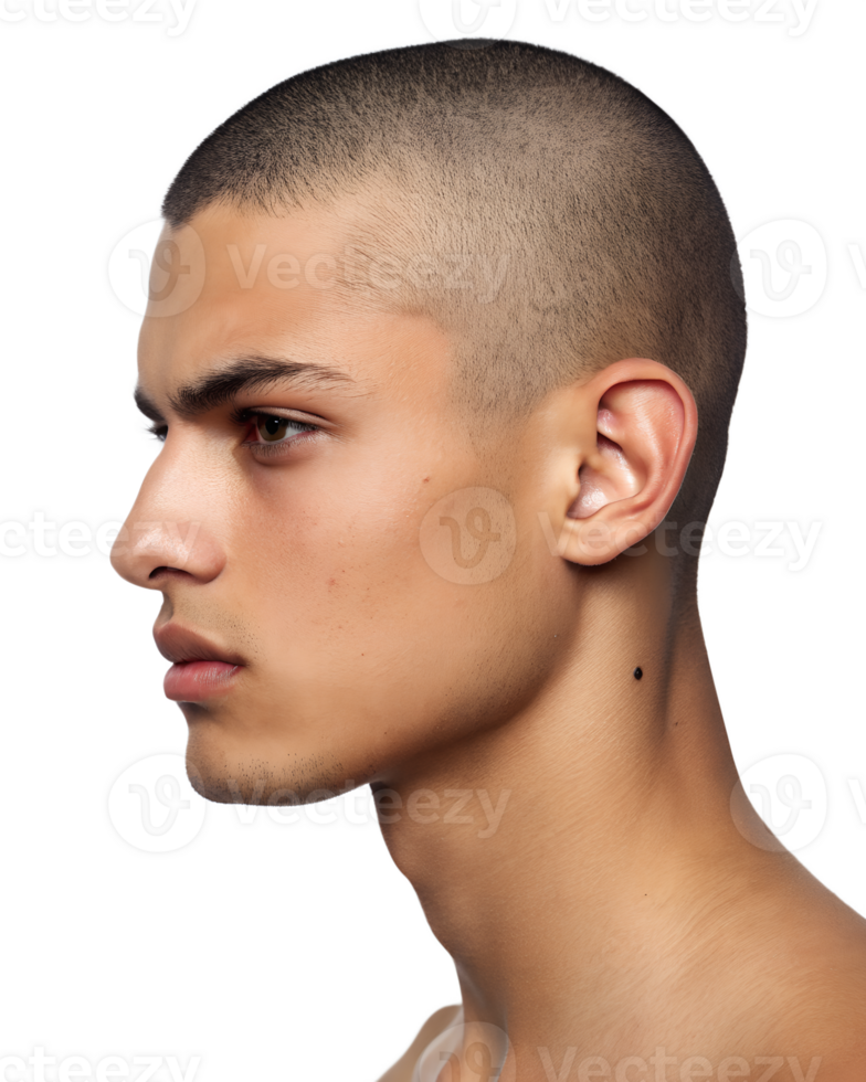 Close-up portrait showing a young man's Buzz Cut Hairstyle, isolated on a solid transparent background png