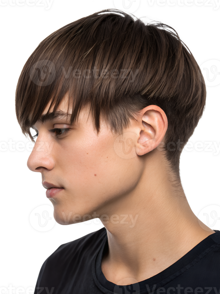 Close-up portrait showing a young man's Bob cut hairstyle, isolated on a transparent background png