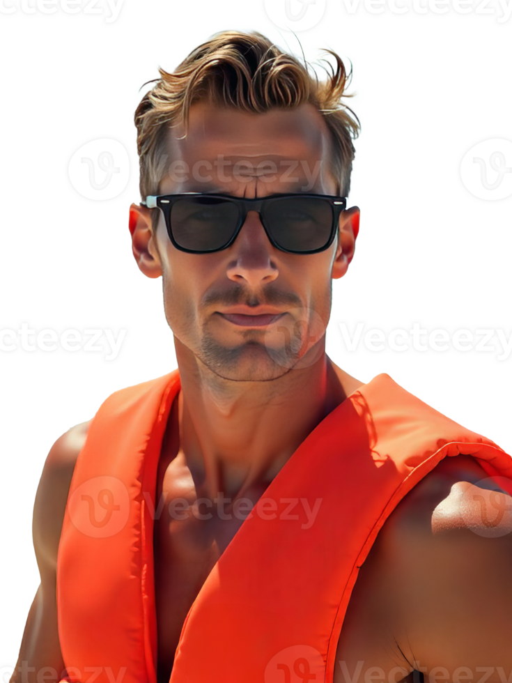 A caucasian man, 35 years old, with blond hair and sunglasses wearing a orange life jacket isolated on a transparent background png