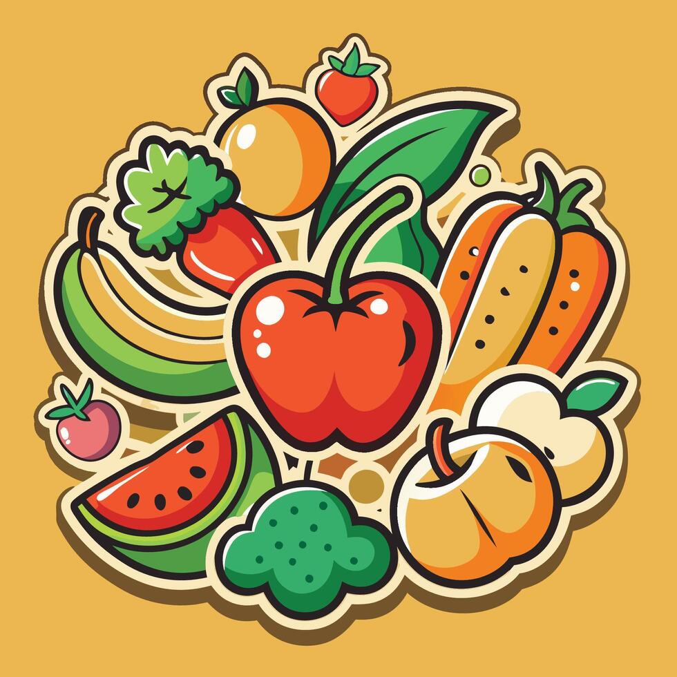 Retro Cartoon Stickers Featuring a Medley of Fruits and Vegetables vector
