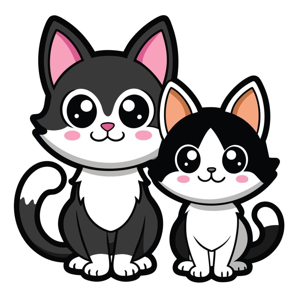 Adorable Cartoon Sticker Featuring Black and White Kitties with Playful Expressions vector