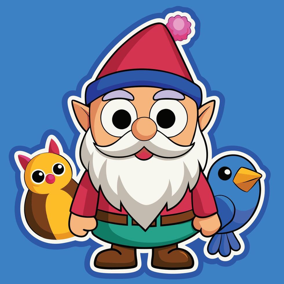 Adorable Cartoon Sticker of a Gnome with Owls in a Blue Setting vector
