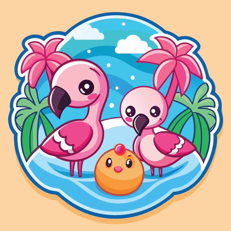 Adorable Cartoon Flamingos Decorate the Background with Delightful Stickers vector
