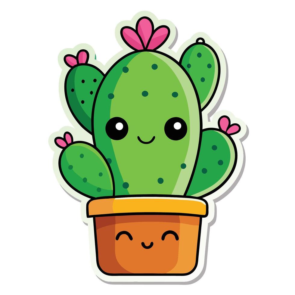 Adorable Cartoon Cacti Stickers with Whimsical Expressions on a White Background vector