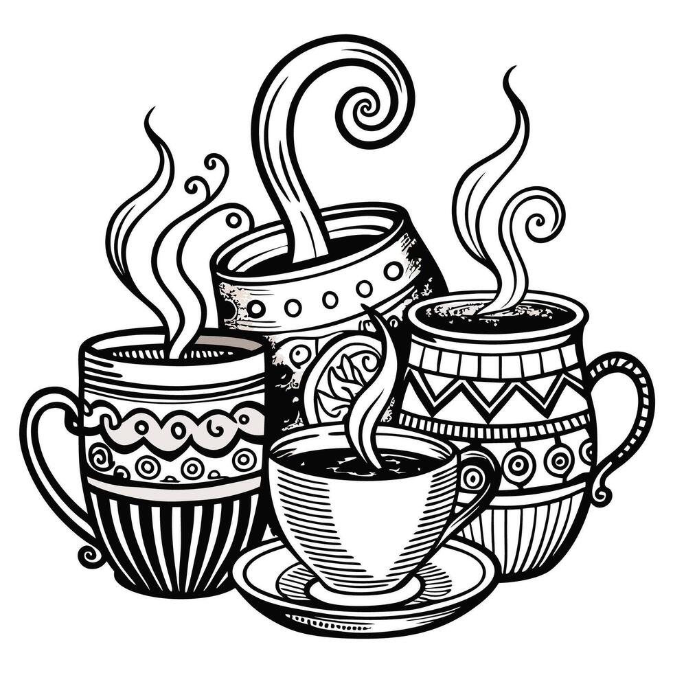 Artistic Steam Ascending from an Array of Coffee and Tea Cups vector