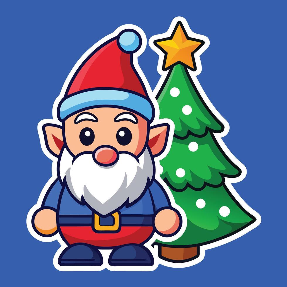 Cartoon Christmas Gnome Sticker with Red Hat and Winking Expression vector