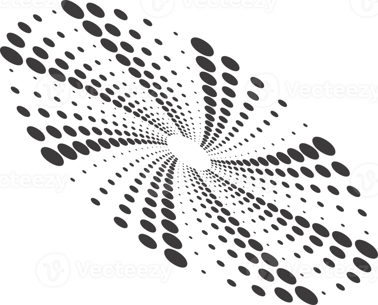 Abstract dotted round with spiral pattern. Circular graphic. Swirl circle shape halftone effect. Geometric concentric radial element. png