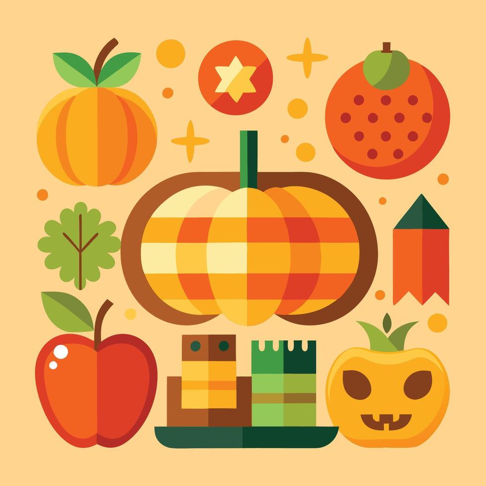 Spooky Halloween Icons featuring Pumpkins and an Apple vector
