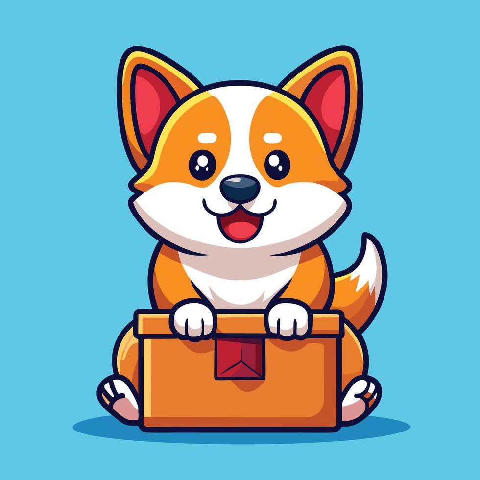 Adorable Corgi Puppy in a Delivery Box Package with Cute Cartoon Design vector