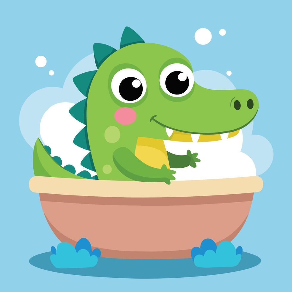 Adorable Crocodile Taking a Relaxing Bathtub Soak in Cartoon Style vector
