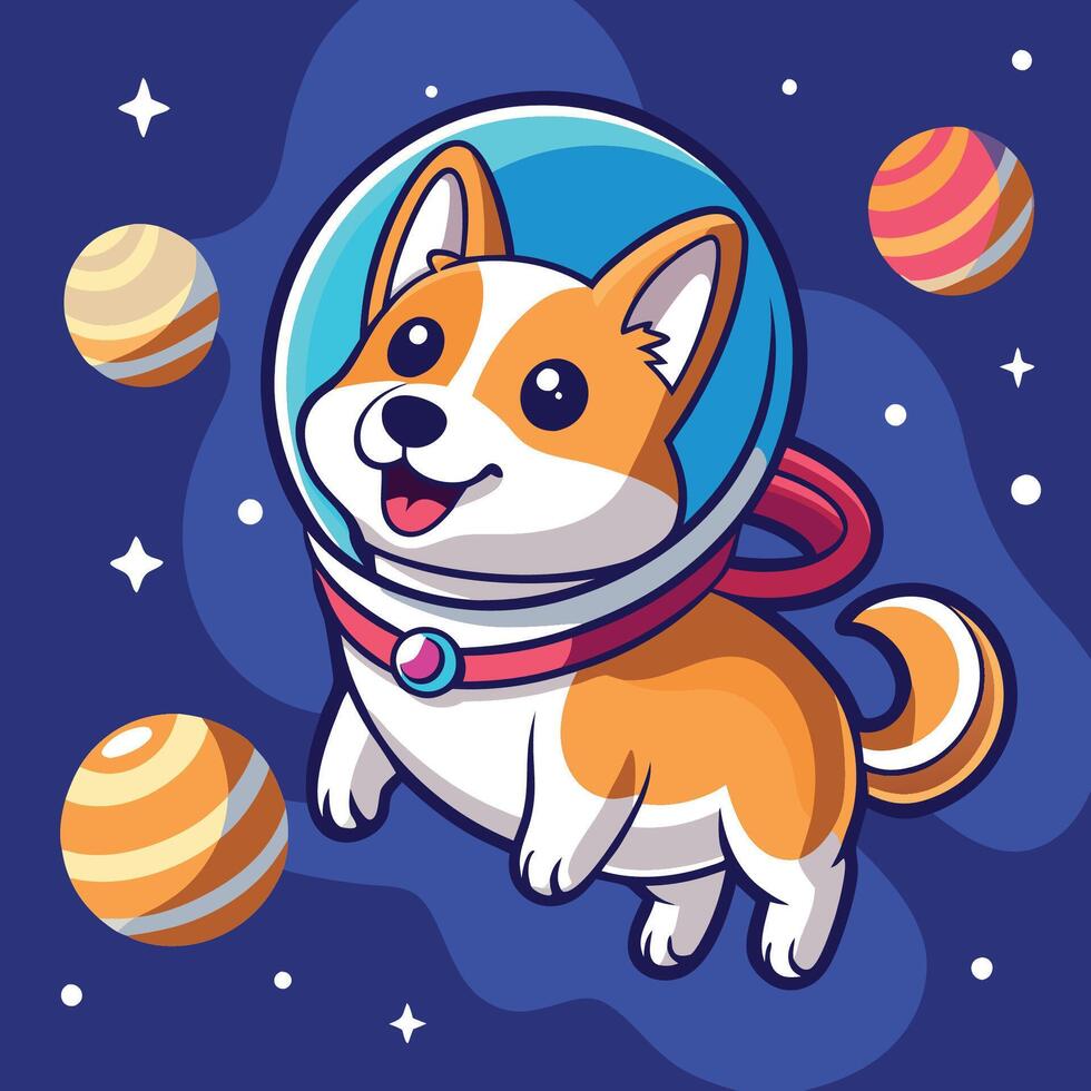 Cute Corgi Dog Astronaut Floating in Space Among the Stars vector