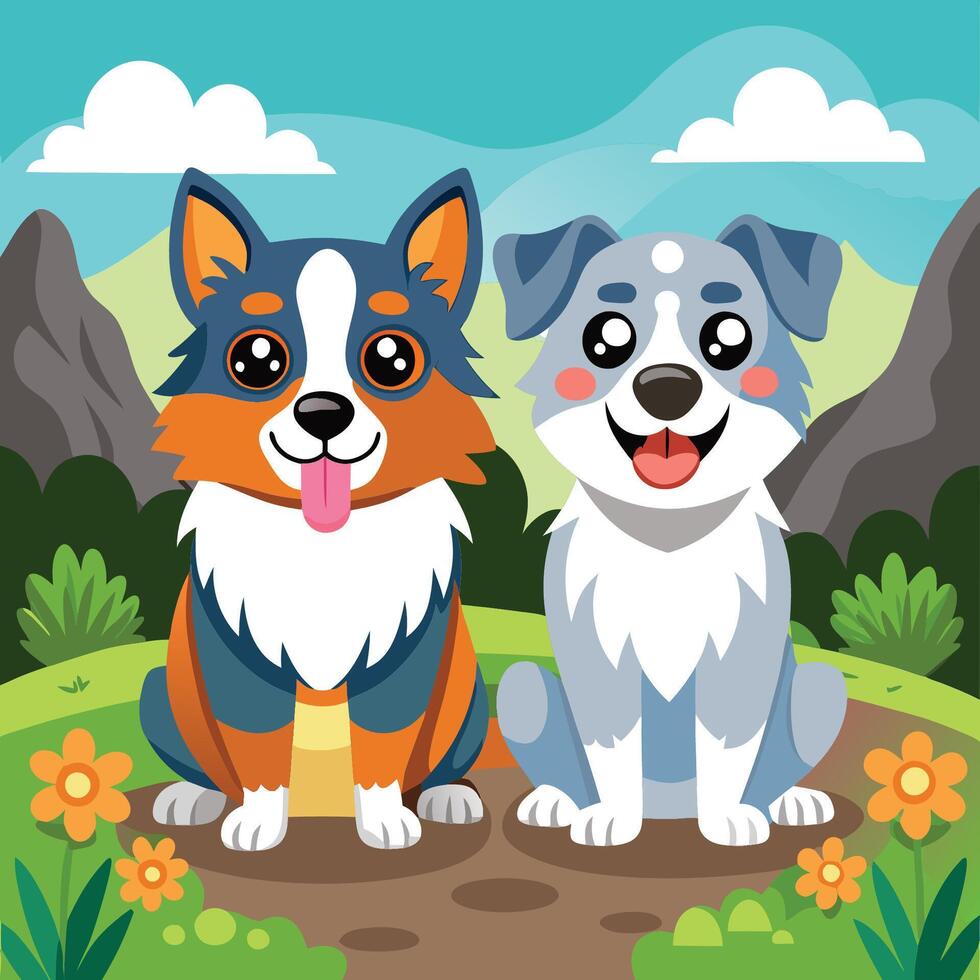 Adoring Couple of Cartoon Australian Shepherd Dogs in a Loving Embrace vector