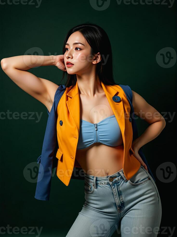 A woman in jeans and a blue top posing photo