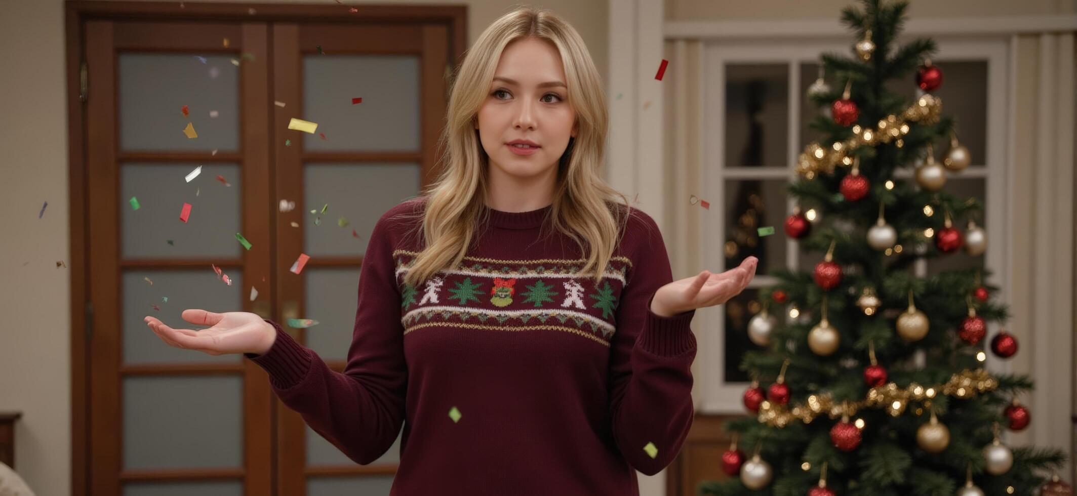 A woman in a sweater is holding confetti in front of a christmas tree photo