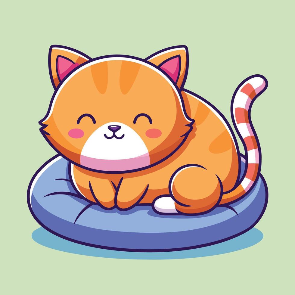 Adorable Cartoon Cat Snoozing Comfortably on a Plush Pillow vector