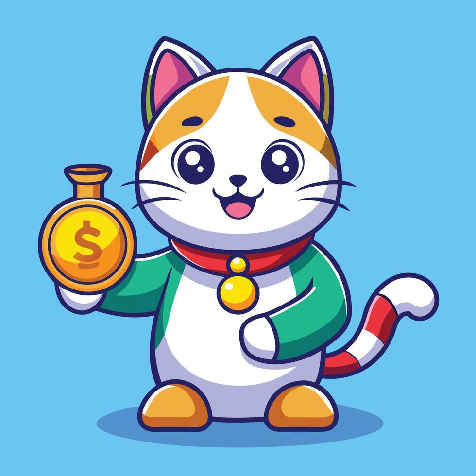 Cute Cat Posing with Coins and Gold in Cartoon Glass Jar vector