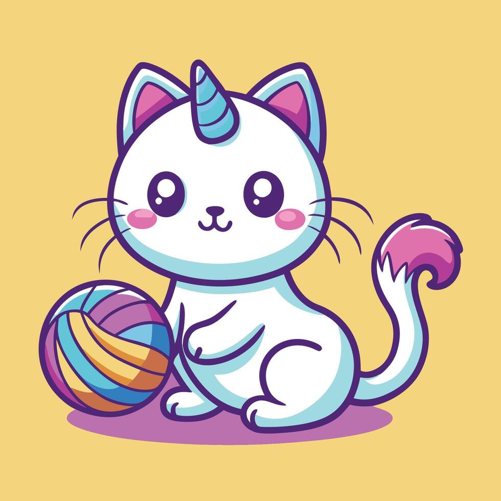 Enchanting Cartoon Icon Featuring a Cute Cat Unicorn Playing with a Yarn Ball vector