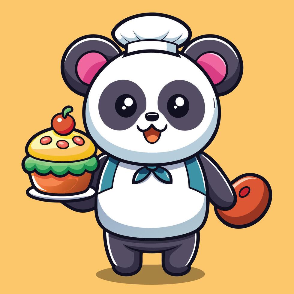 Adorable Chef Panda Balancing a Donut and Cake vector